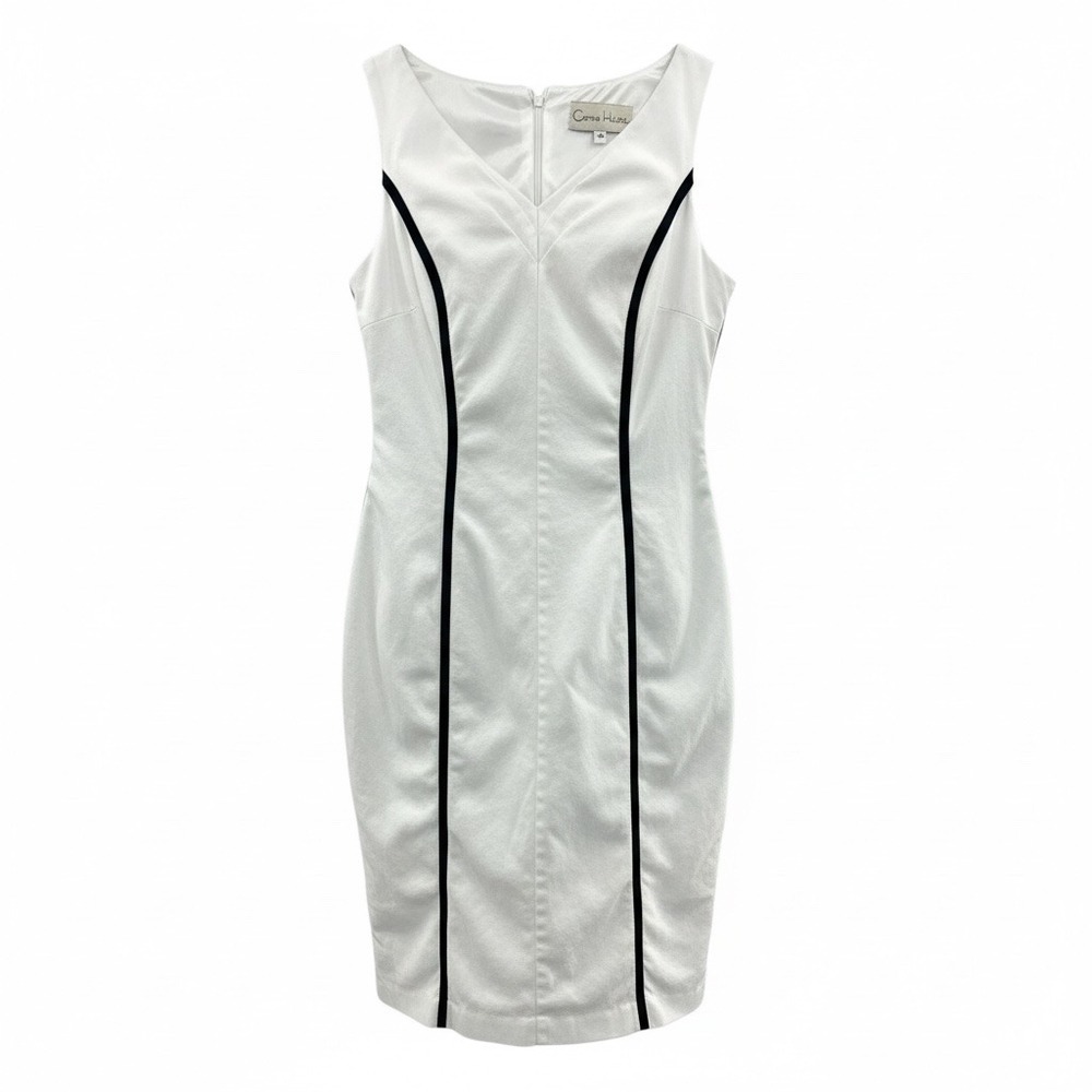 Carrie Hutton White Black Trim Sheath Dress Knee Length V Neck Sleeveless Size 8